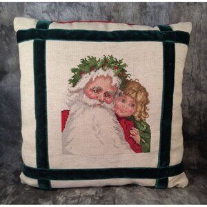 Santa & Child Cross-Stitch Red Velvet Pillow